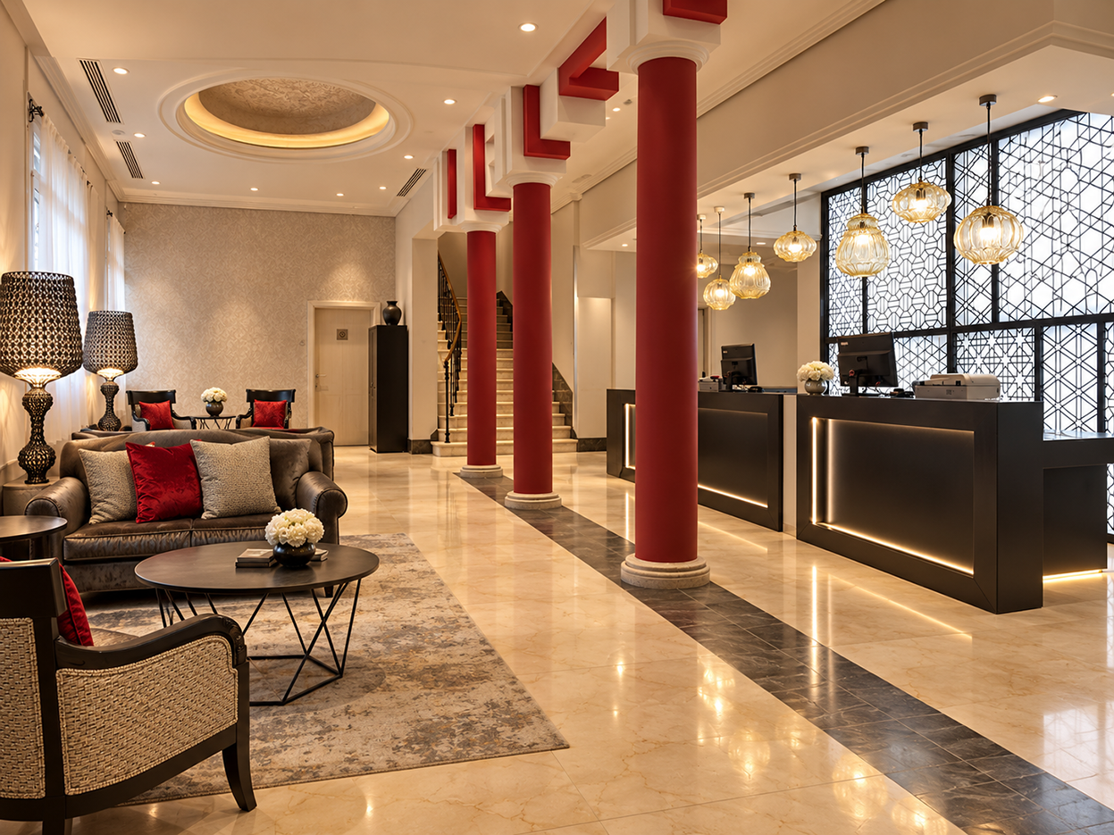 Recepción de hotel reformada con columnas rojas, celosía y suelo de mármol
